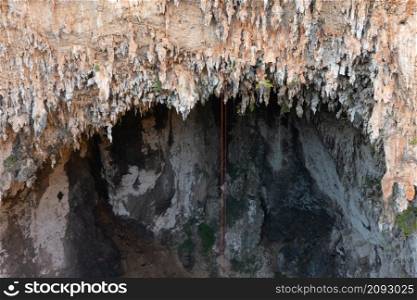 Aerial top view of Spirit Well Cave, Pang Mapha District, Mae Hong Son, Thailand. Tourist attraction landmark. Nature landscape background.