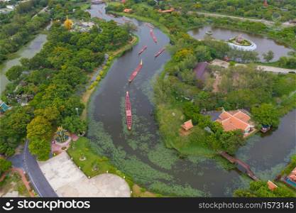 Aerial top view of The Ancient Siam City, the museum park with lake, in Samut Prakan Province, Bangkok, Thailand. Thai architecture temple. Tourist attraction landmark building.