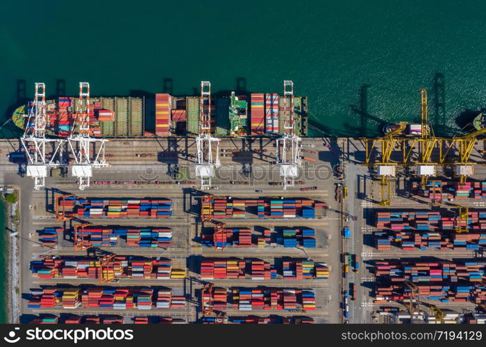 aerial top view terminal shipping import and export international and shipping loading containers