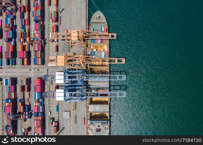 aerial top view terminal shipping import and export international and shipping loading containers