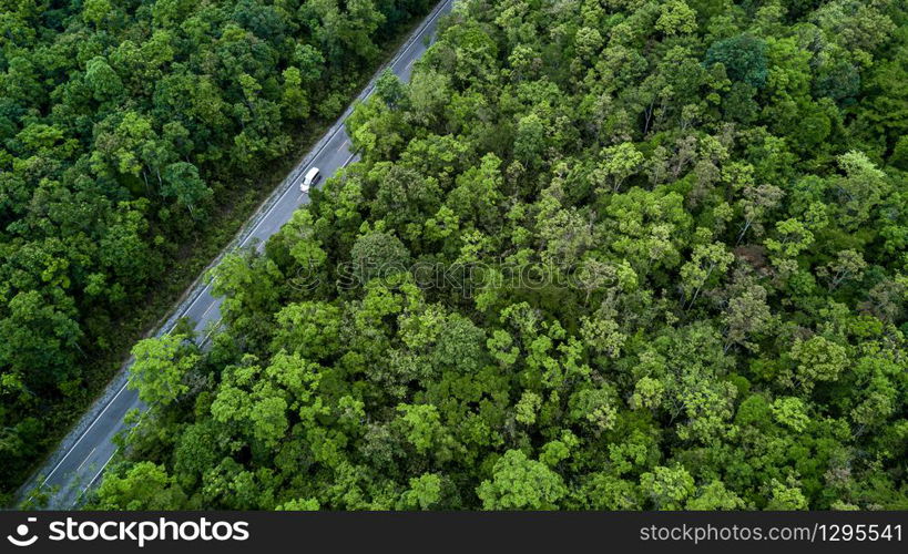 Aerial view asphalt road and green forest, Forest road going through forest with car adventure view from above, Ecosystem and ecology healthy environment concepts and background.