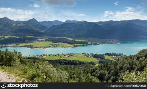 Aerial view at Austrian Wolfgangsee from top of Schafberg near Sankt Wolfgang. Aerial view Austrian Wolfgangsee from top Schafberg near Sankt Wolfgang