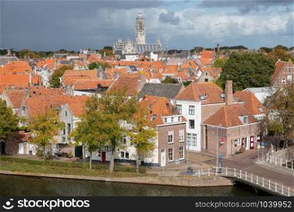 Aerial view at Dutch medieval city Middelburg. Aerial view medieval city Middelburg, the Netherlands
