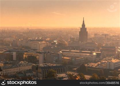 Aerial view backlit of Old Town with Latvian Academy of Sciences in the morning, Riga, Latvia