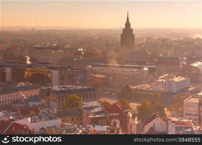 Aerial view backlit of Old Town with Latvian Academy of Sciences in the morning, Riga, Latvia