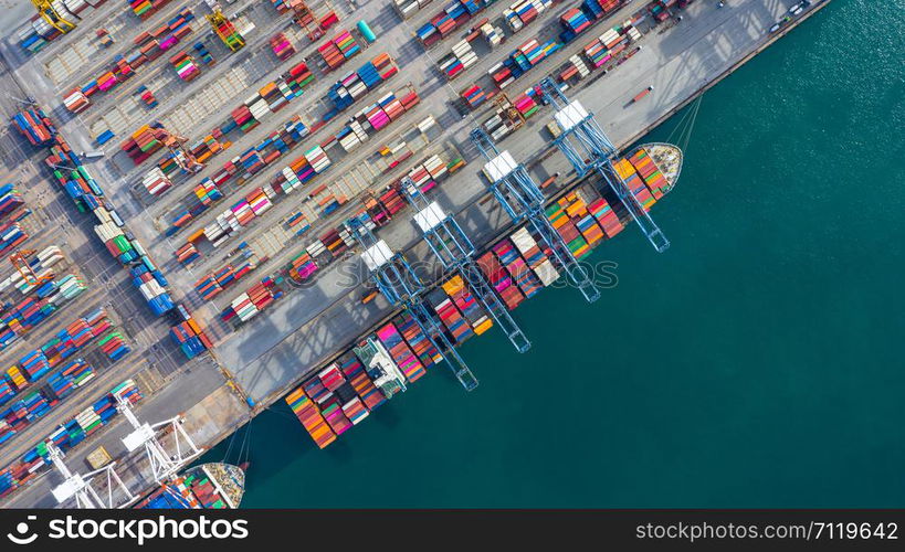 Aerial view cargo ship terminal, Unloading crane of cargo ship terminal, Aerial view industrial port with containers and container ship.