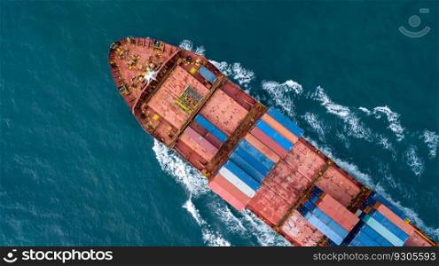 Aerial view container cargo ship, Global business import export logistic and transportation freight shipping of international by container cargo ship in the open sea, Container cargo vessel freight shipping.