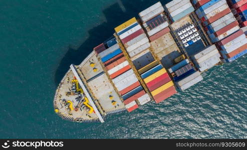 Aerial view container cargo ship, Global business import export logistic and transportation freight shipping of international by container cargo ship in the open sea, Container cargo vessel freight shipping.