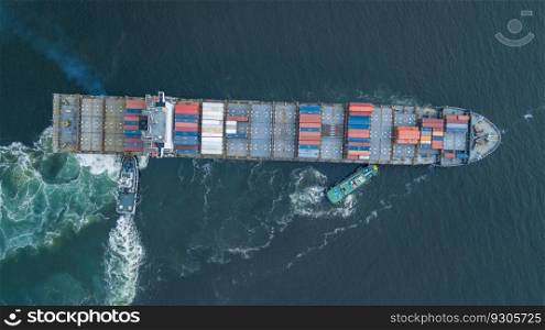 Aerial view container ship and tugboat drag shipping to seaport, Container ship load container for global business logistics import export, Freight shipping and transportation.