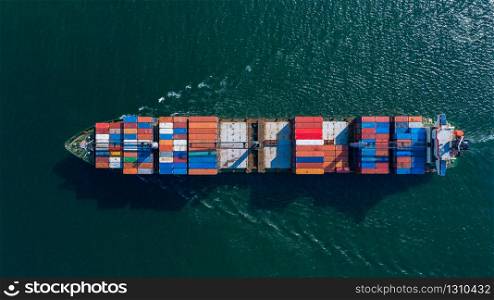 Aerial view container ship carrying container box global business cargo freight shipping commercial trade logistic and transportation oversea worldwide by container vessel.Container cargo freight ship.