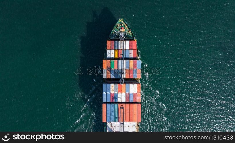 Aerial view container ship carrying container box global business cargo freight shipping commercial trade logistic and transportation oversea worldwide by container vessel.Container cargo freight ship.
