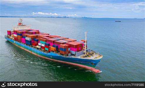 Aerial view container ship carrying container in import export business logistic and transportation of international by container ship in the open sea.