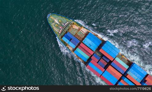 Aerial view container ship carrying container in import export business logistic and transportation of international by container ship in the open sea.