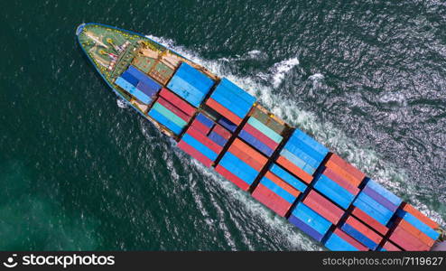 Aerial view container ship carrying container in import export business logistic and transportation of international by container ship in the open sea.