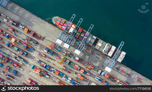 Aerial view container ship carrying container in import export business logistic and transportation of international by container ship in the open sea, with copy space.