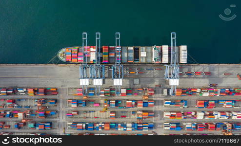 Aerial view container ship carrying container in import export business logistic and transportation of international by container ship in the open sea, with copy space.