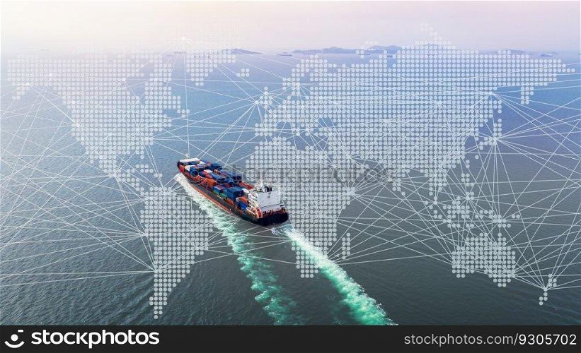 Aerial view container ship, Global business import export commerce trade logistic transportation worldwide by container cargo ship boat in the open sea, Freight shipping maritime.