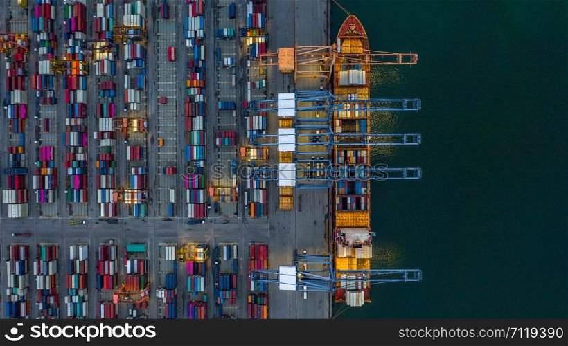 Aerial view container ship loading at night in industrial port, container cargo freight ship with industrial crane, Container ship in import and export business logistic at night.