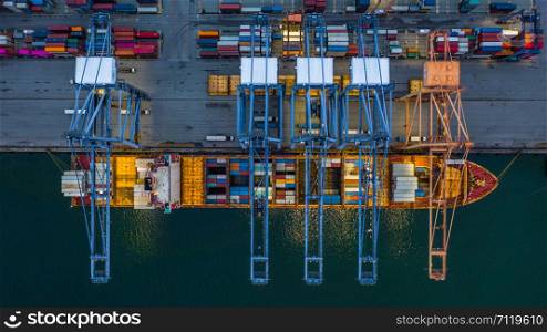Aerial view container ship loading at night in industrial port, container cargo freight ship with industrial crane, Container ship in import and export business logistic at night.