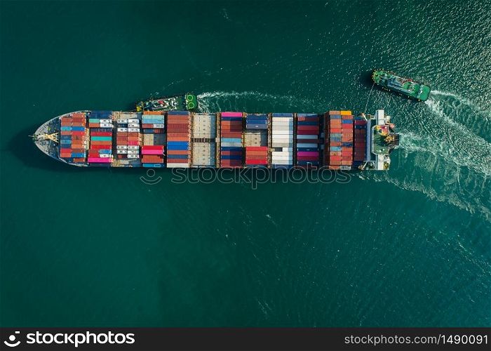 Aerial view container ship to sea port loading container for import export or transportation. shipping business logistic. Trade Port and Shipping cargo to harbor, International transportation.