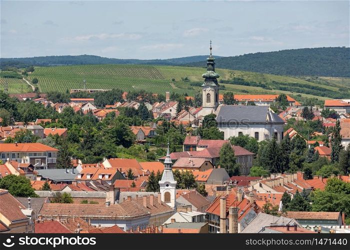 Aerial view Eger, Hungarian Country town with church and vineyards around the city. Aerial view Eger, Hungarian Country town with church and vineyards