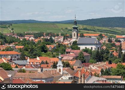 Aerial view Eger, Hungarian Country town with church and vineyards around the city. Aerial view Eger, Hungarian Country town with church and vineyards