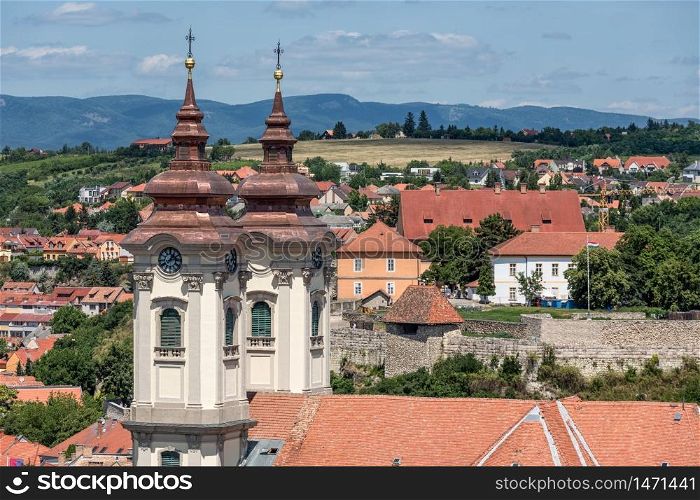 Aerial view Eger, Hungarian Country town with Minorite church and medieval castle. Aerial view Eger, Hungarian Country town with Minorite church