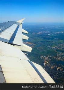 Aerial view from airplane, arrival in Moscow airport Domodedovo