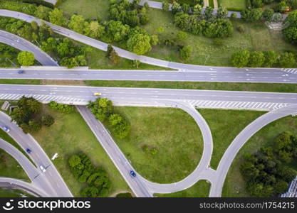 Aerial view from drone of a part of a road junction. Transportation and infrastructure concept