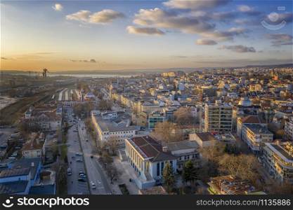 Aerial view from drone of city and central railway station, Varna, Bulgaria