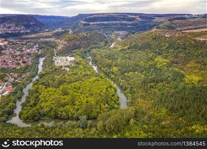 Aerial view from drone of the big curve of river Yantra, Bulgaria