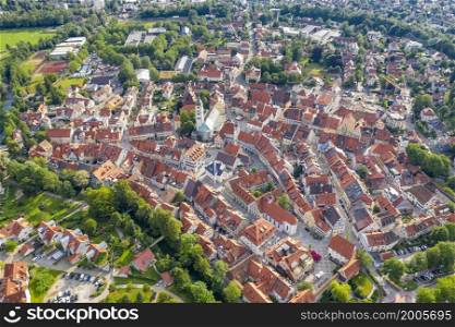 Aerial view from drone to the ancient historic medieval old town. WANGEN IM ALLGAU, GERMANY