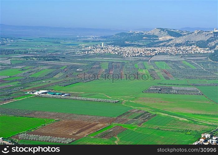 Aerial View from Mount Tabor to Arab City and Jezreel Valley in Israel