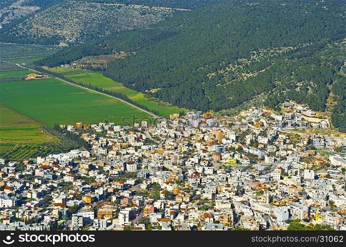 Aerial View from Mount Tabor to Arab City and Jezreel Valley in Israel