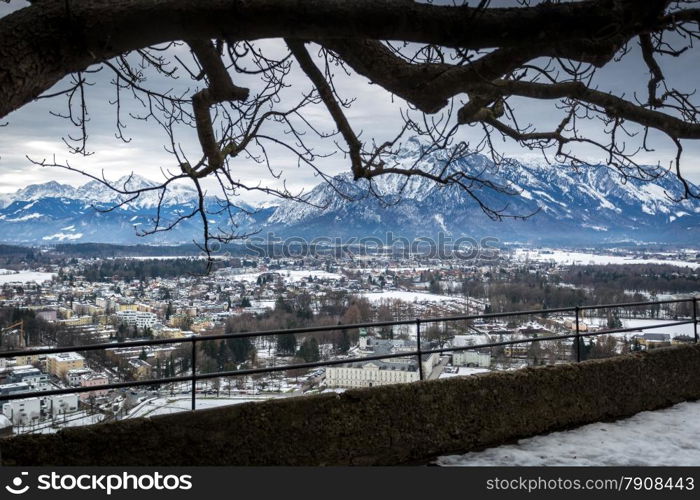 Aerial view from old castle on ancient city of Salzburg, Austria