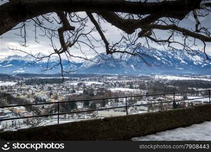 Aerial view from old castle on ancient city of Salzburg, Austria