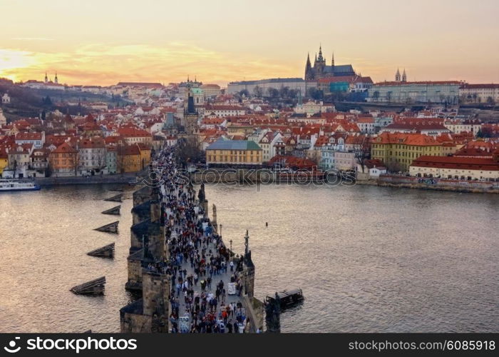 aerial view from the Bridge tower on Charles Bridge and Prague Castle, Czech Republic