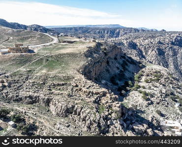 Aerial view from the entrance of the biosphere reserve of the Dana Valley, north of Petra, jordan, middle east