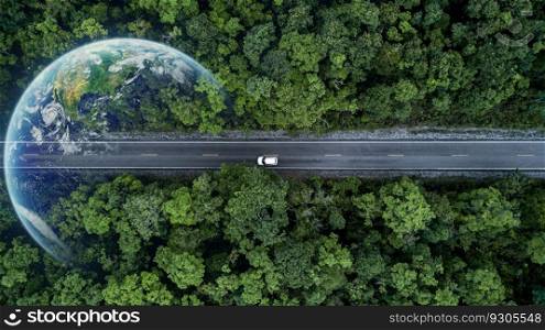 Aerial view green forest and asphalt road, Top view forest road going through forest with car adventure, Ecosystem ecology healthy environment road trip travel.
