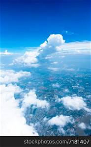 Aerial view landscape of Bangkok city in Thailand with cloud.