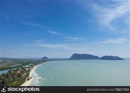 Aerial view landscape of Prajuap Gulf with blue sky viewed from Khao Chong Krajok temple top view point, Prachuap Khiri Khan Province, Thailand