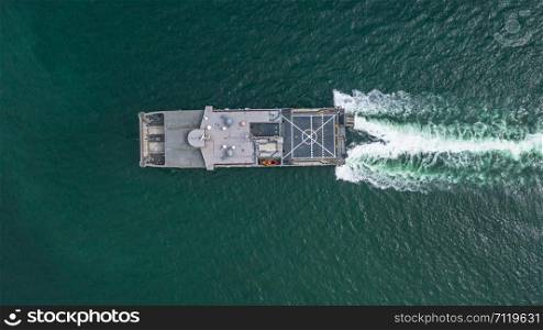 Aerial view navy military ship in the open sea, Aerial view amphibious ship transport.