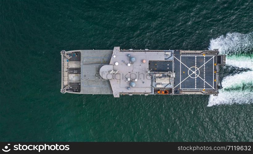 Aerial view navy military ship in the open sea, Aerial view amphibious ship transport.