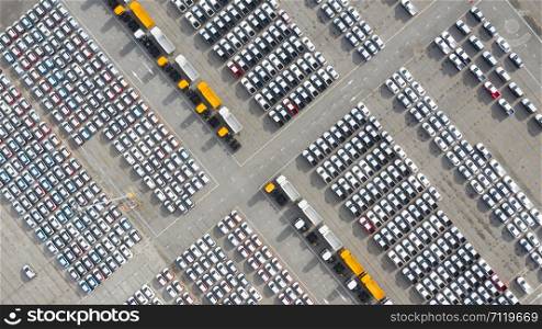 Aerial view new cars export terminal, New cars waiting for import export at deep sea port.