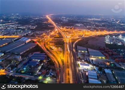 Aerial view Night Expressway, toll way, highway, roads in the city.