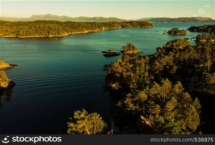 Aerial view. Norwegian fjord landscape with stone isles near Bergen. Tourism and travel.. Aerial view. Fjord landscape near Bergen, Norway