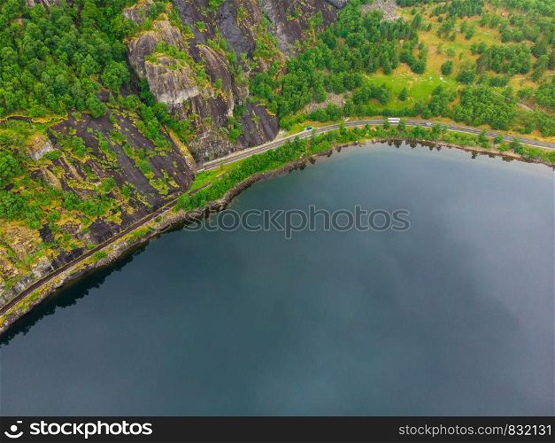 Aerial view. Norwegian landscape. Mountains and road along fjord Eidfjorden. Old and new way with tunnel. Fjord landscape, Eidfjorden Norway