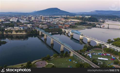 Aerial view of a bend in the Tennessee River flowing around beautiful Chatanooga TN