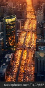 Aerial view of a busy city intersection at peak hours. High quality illustration. Aerial view of a busy city intersection at peak hours