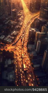 Aerial view of a busy city intersection at peak hours. High quality illustration. Aerial view of a busy city intersection at peak hours